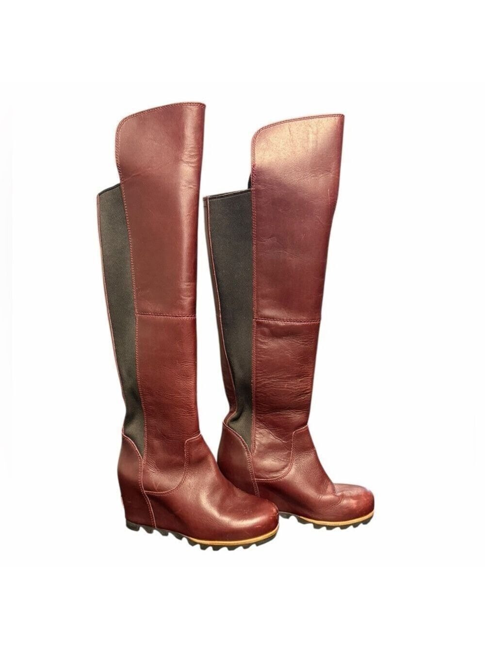Sorel Fiona OTK Over The Knee Lux Rich Wine Leather Waterproof Wedge Boots Sz 7